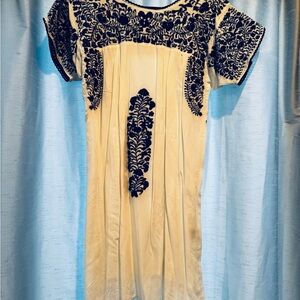 Spanish style Buddy Basics white & Cobalt blue  Mini Dress with Embroidery